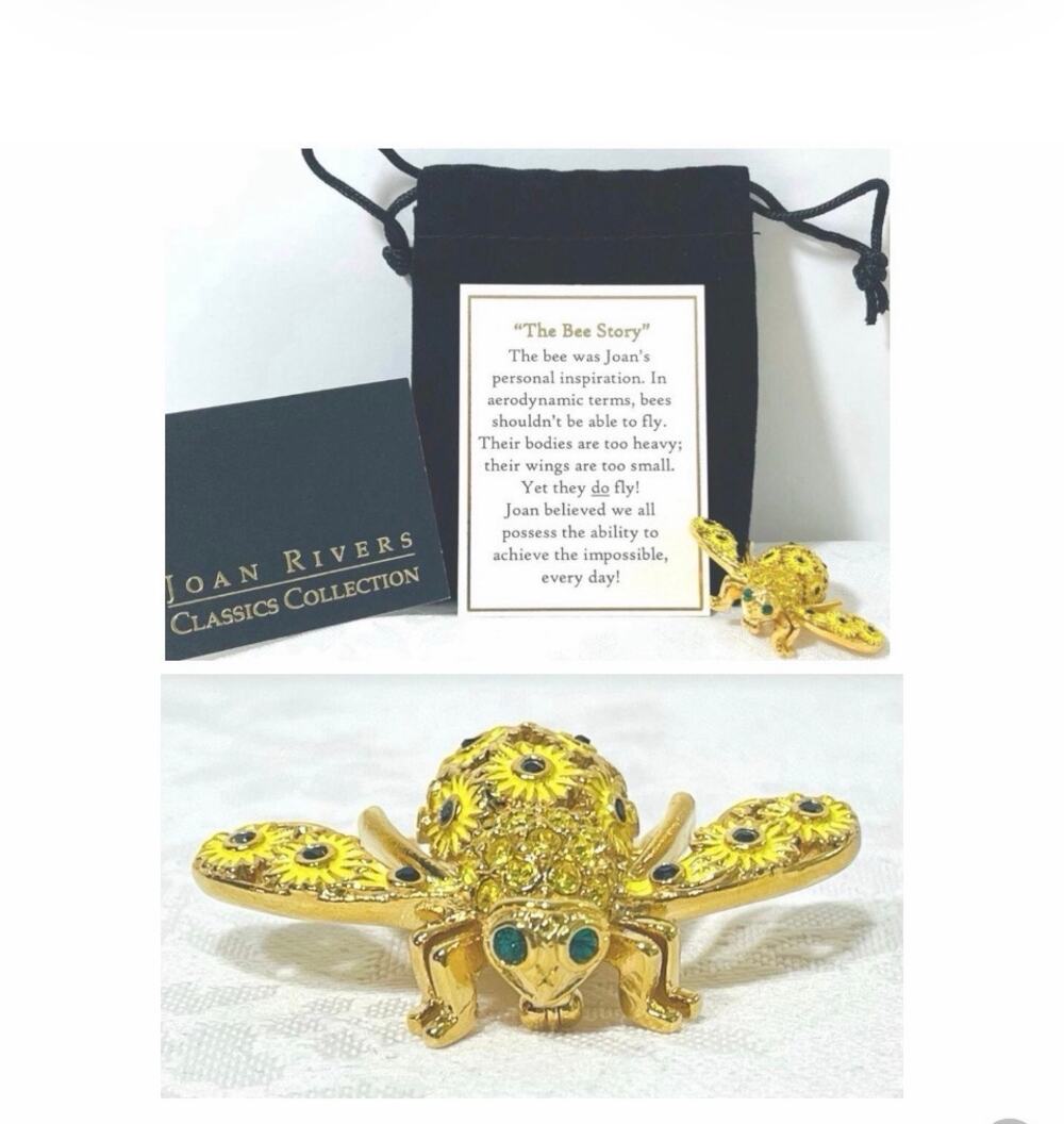 Vtg JOAN RIVERS Sunflower Bee Brooch Pin Swarovski Crystal Gold-Plate Flower Y2K